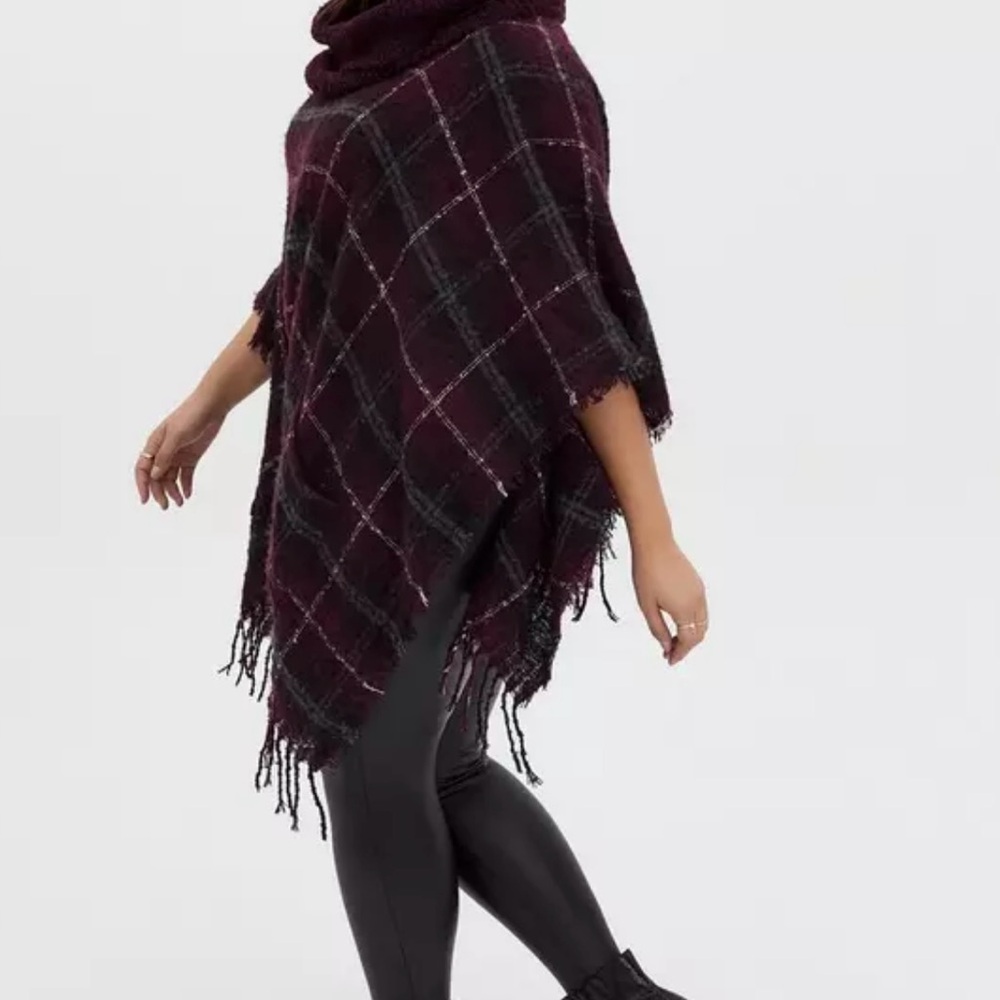 Burgundy Purple Plaid Turtleneck Poncho